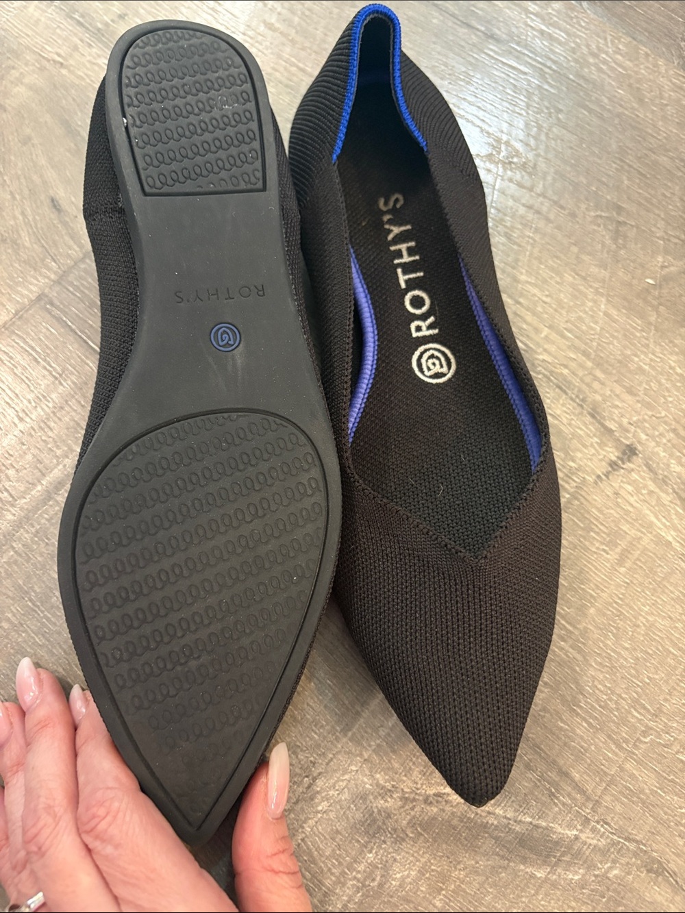 Rothy's Black Knit Pointed Ballet Flats with Blue Trim - Picture 2 of 3
